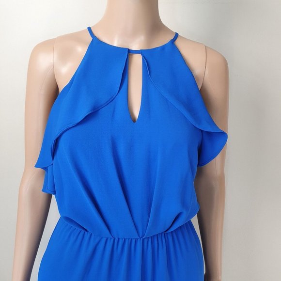 Forever new dress Sze 12 blue evening cocktail drape cut-out ruffle flowy split - Picture 4 of 7